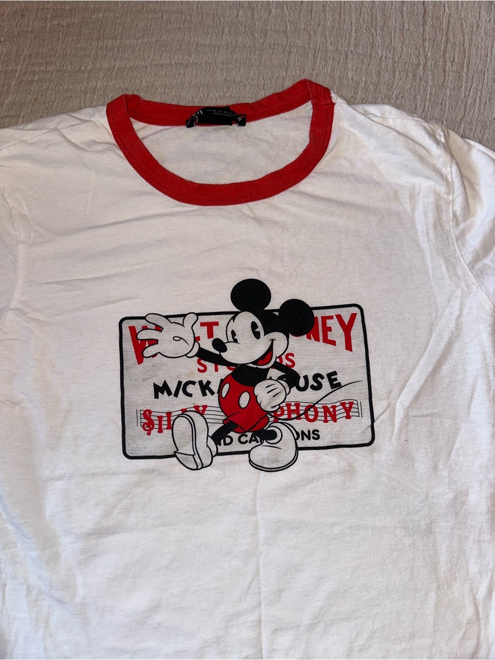 Zara White Short Sleeve Tee with Red Ringer and Mickey Graphic